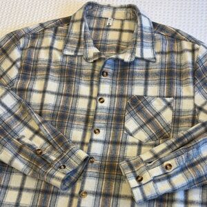 Zaful Flannel Cream Blue Tan Plaid Button Down Shirt Size Large